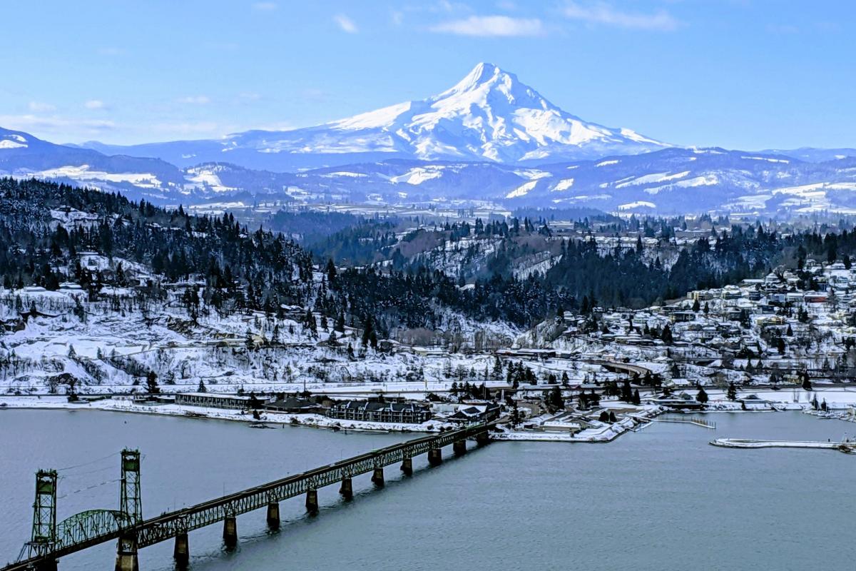 winter view of the Columbia River, Hood River bridge and Mt. Hood